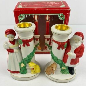 Vintage Christmas Candle Holder Set Porcelain Bisque Santa Mrs Claus 5 in tall